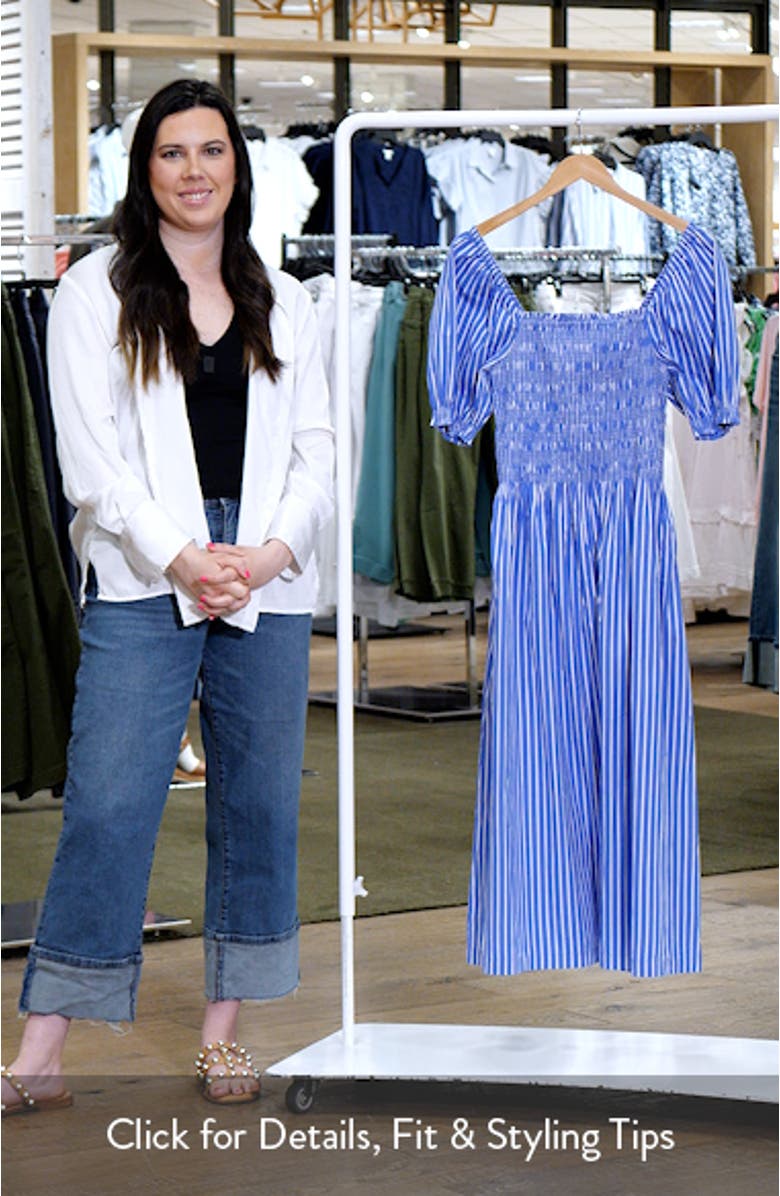 Smocked Puff Sleeve Midi Dress in Stripe Poplin, sales video thumbnail