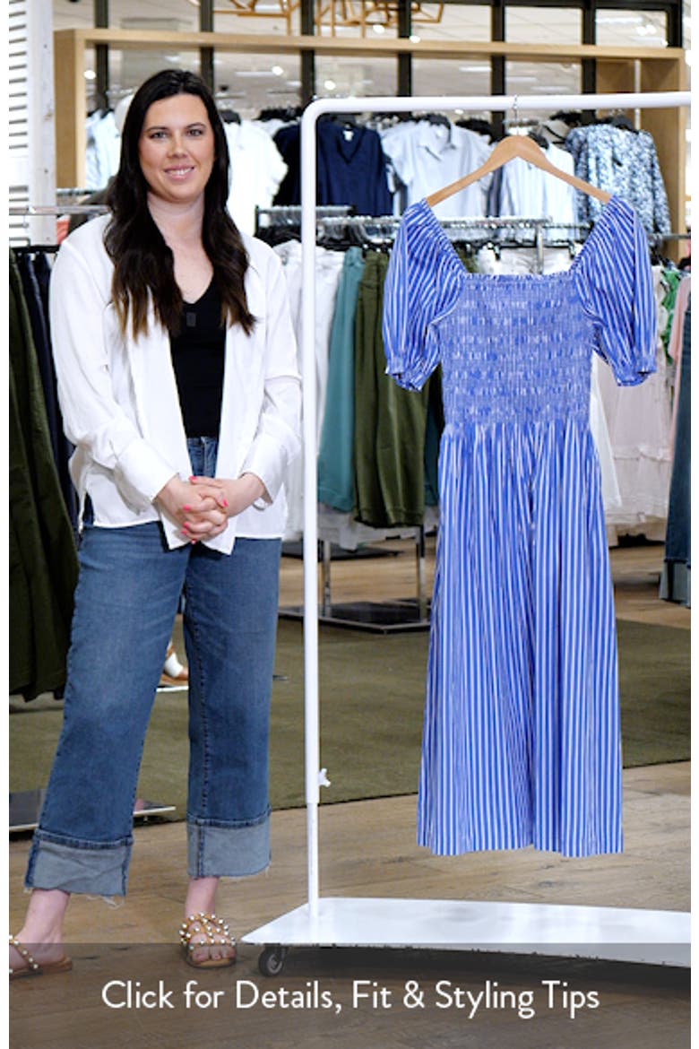 Smocked Puff Sleeve Midi Dress in Stripe Poplin video