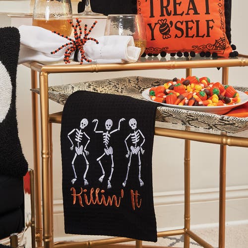 C & F Home C&f Home Killin' It Skeleton Halloween Embroidered Waffle Weave Cotton Kitchen Towel In Black