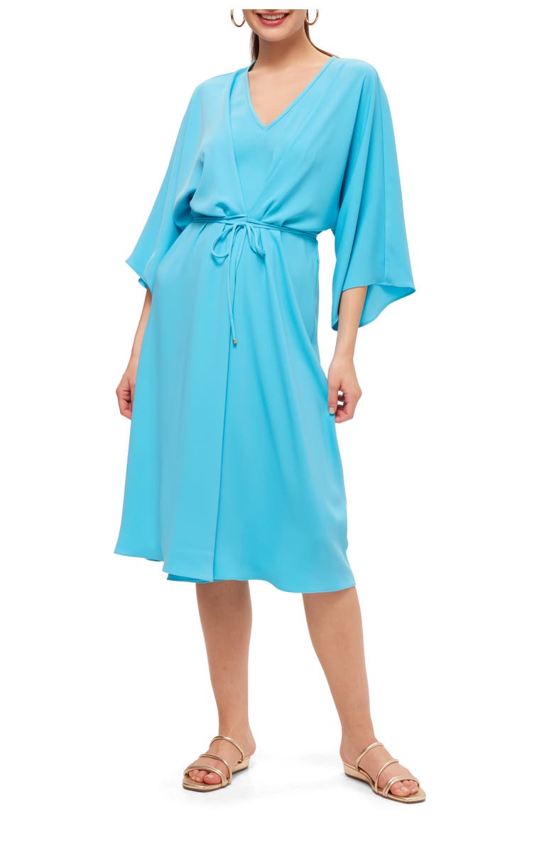 Trina Turk Bell Sleeve Belted Topspin Dress, Main, color, Champion Cyan