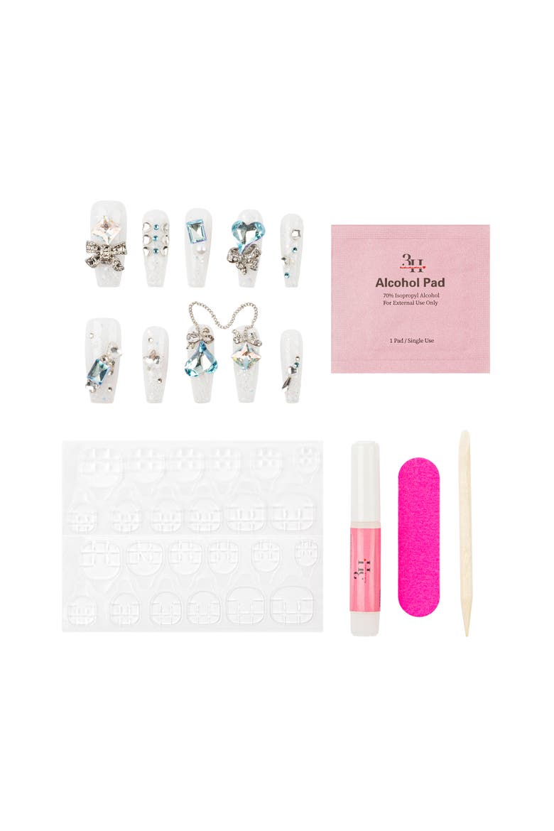 Crystal Blue Glam Luxury Handmade Press On Nails, Alternate, color, White, Teal