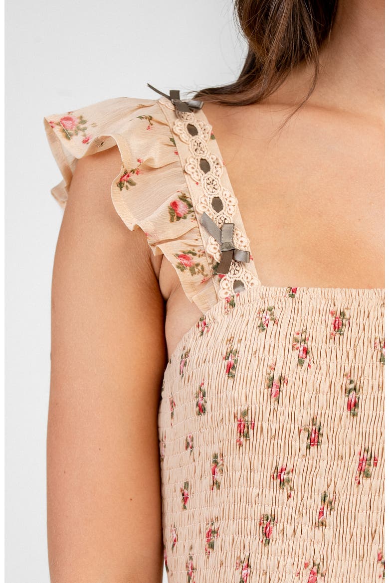 Smocked Tiered Floral Maxi Dress, Alternate, color, TAUPE