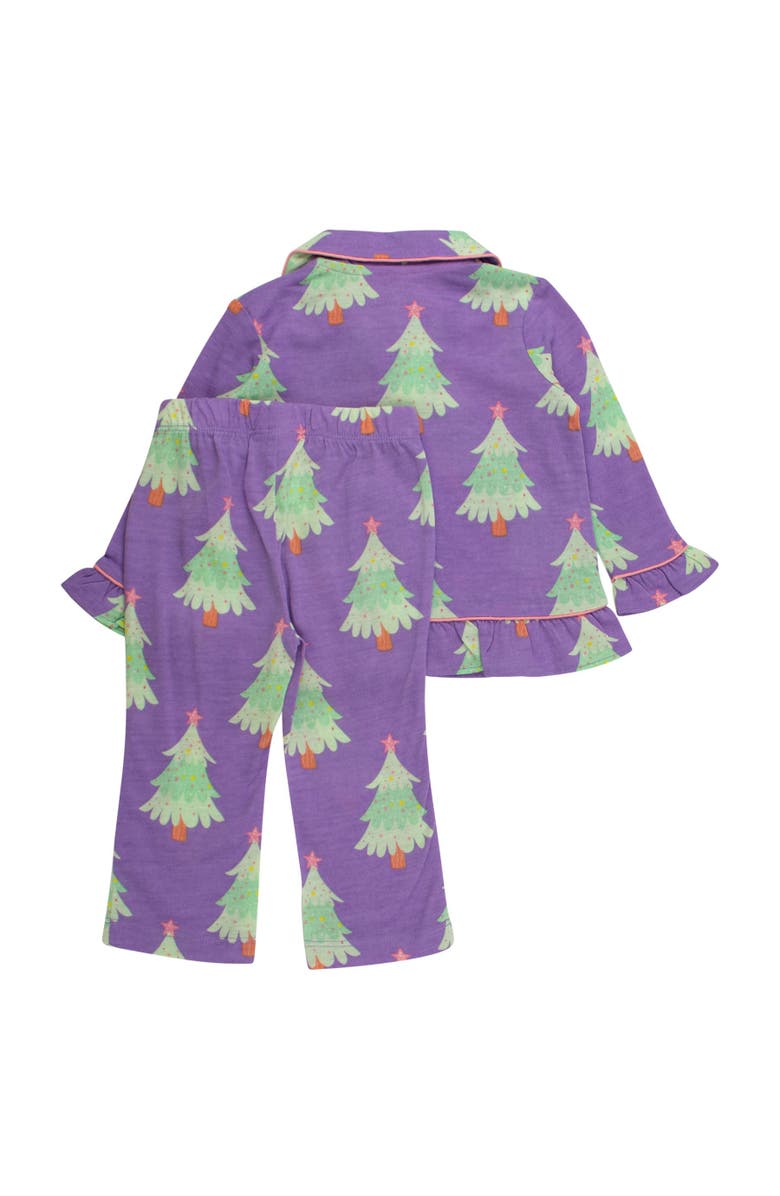 RuffleButts Holiday Ruffle Flare Pajama Set, Alternate, color, Purple Twinkling Trees