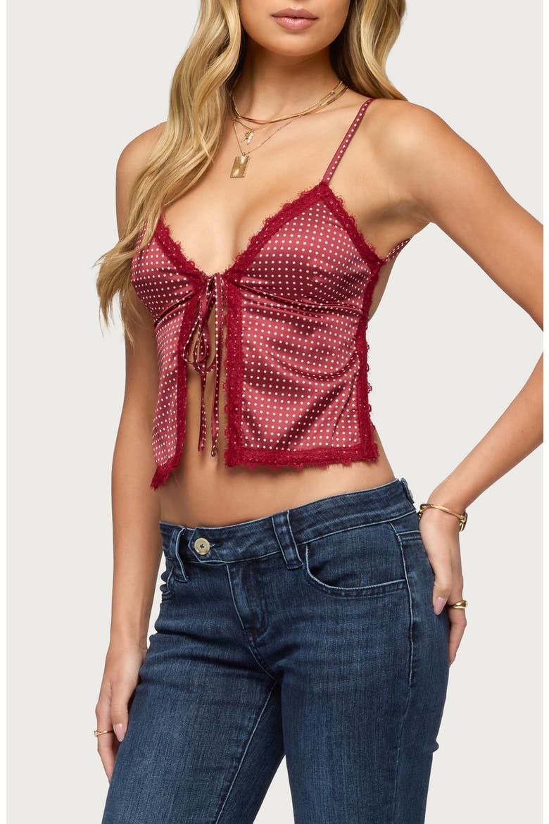 Polka Dot Lace Trim Satin Camisole, Alternate, color, BURGUNDY