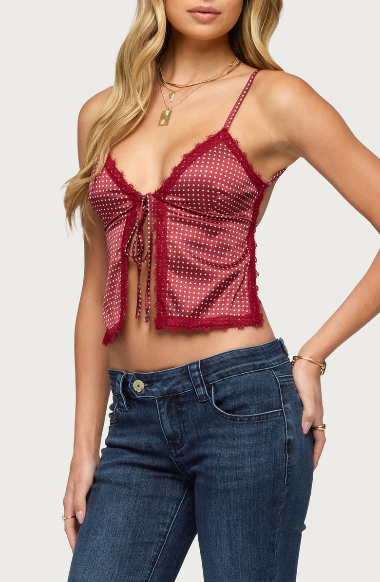 EDIKTED Polka Dot Lace Trim Satin Camisole, Alternate, color, 