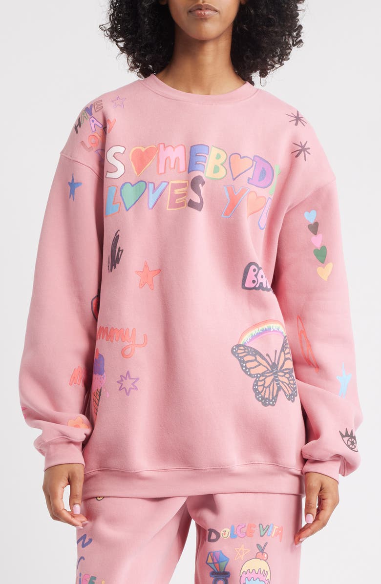 THE MAYFAIR GROUP x ISCREAMCOLOUR Somebody Loves You Fleece Graphic Sweatshirt, Main, color, Pink