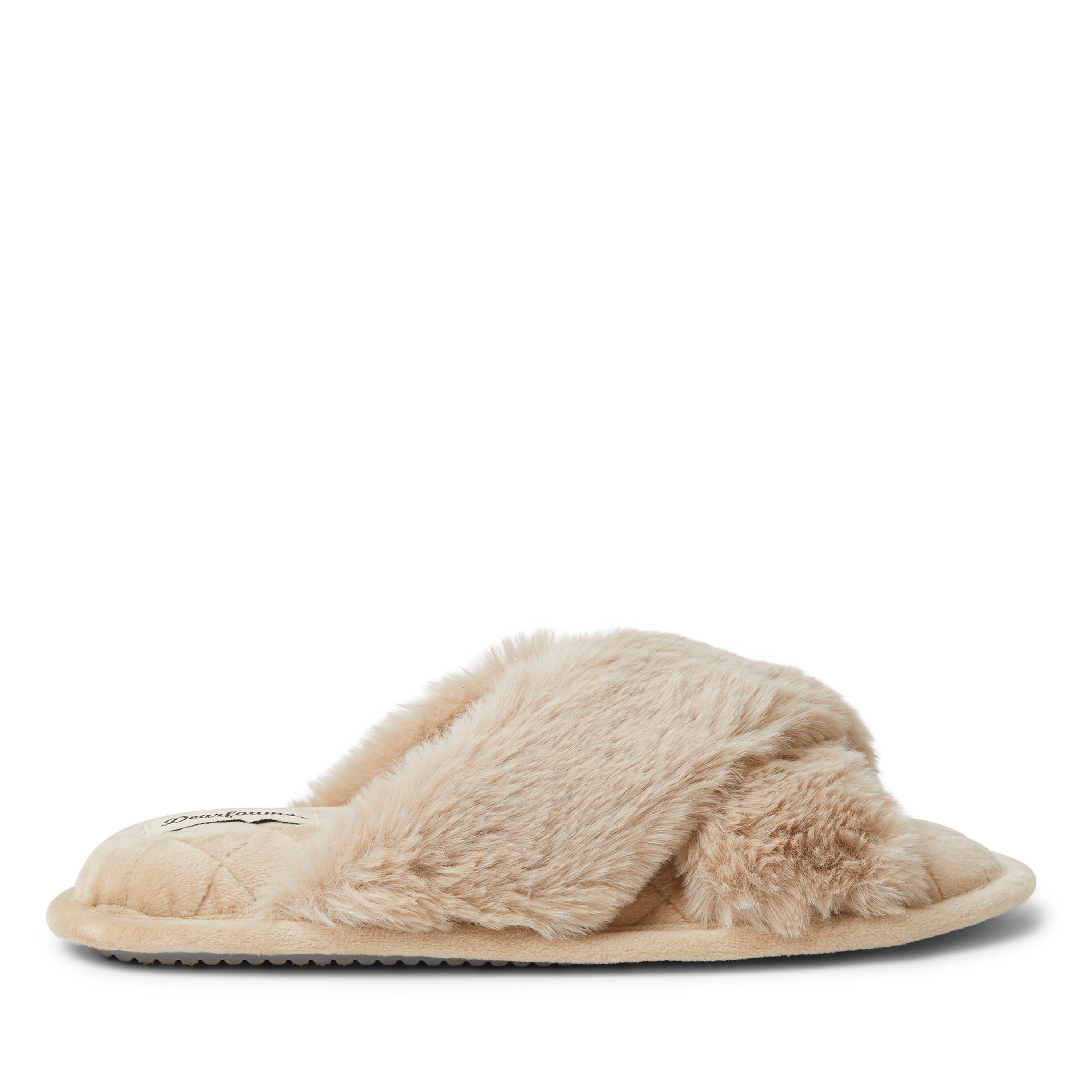 DEARFOAMS Jessica Furry Crossband Slide Slipper, Alternate, color, Latte