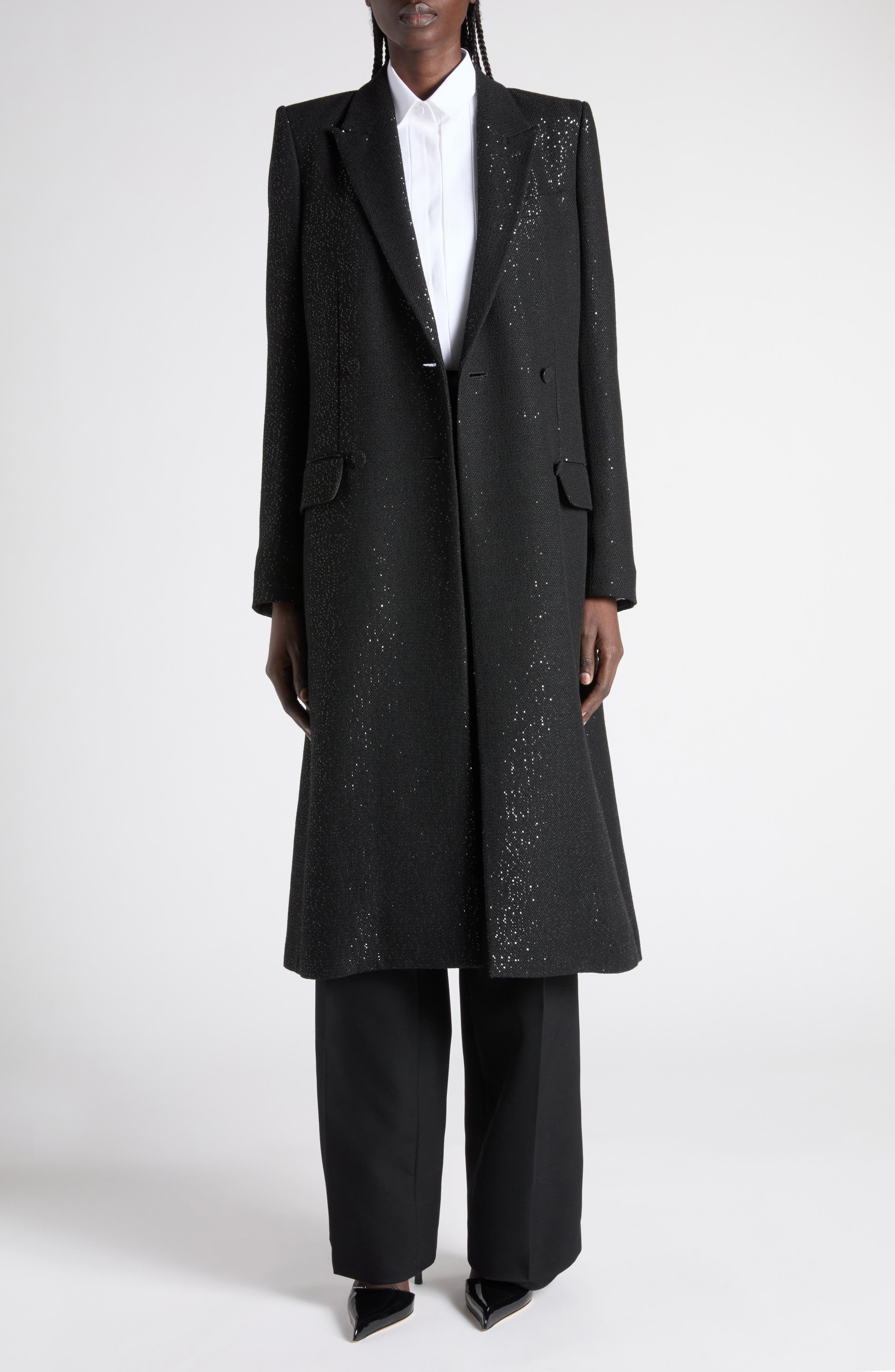 Sequin Double Breasted Wool Blend Crepe Coat