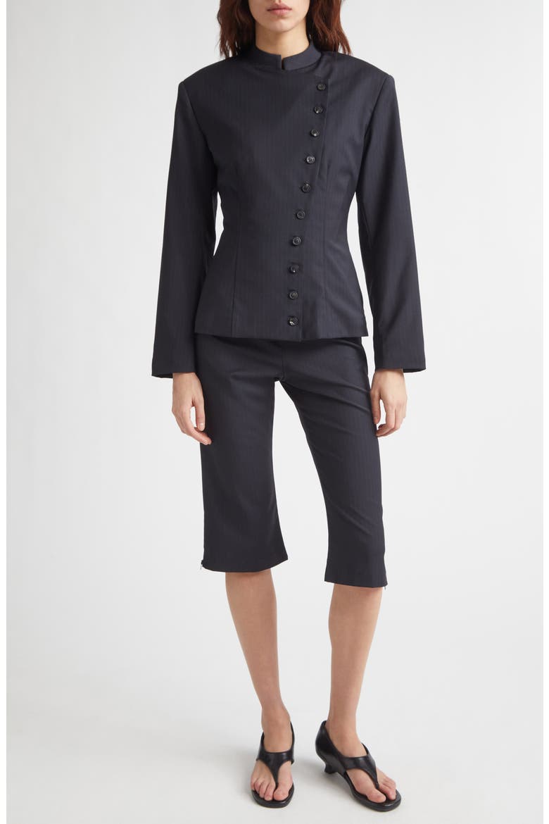 Banjo Asymmetric Stretch Pinstripe Jacket, Alternate, color, DARK GREY