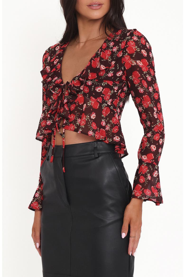 Aveline Ruffle Tie Front Chiffon Top, Alternate, color, BROWN FLORAL