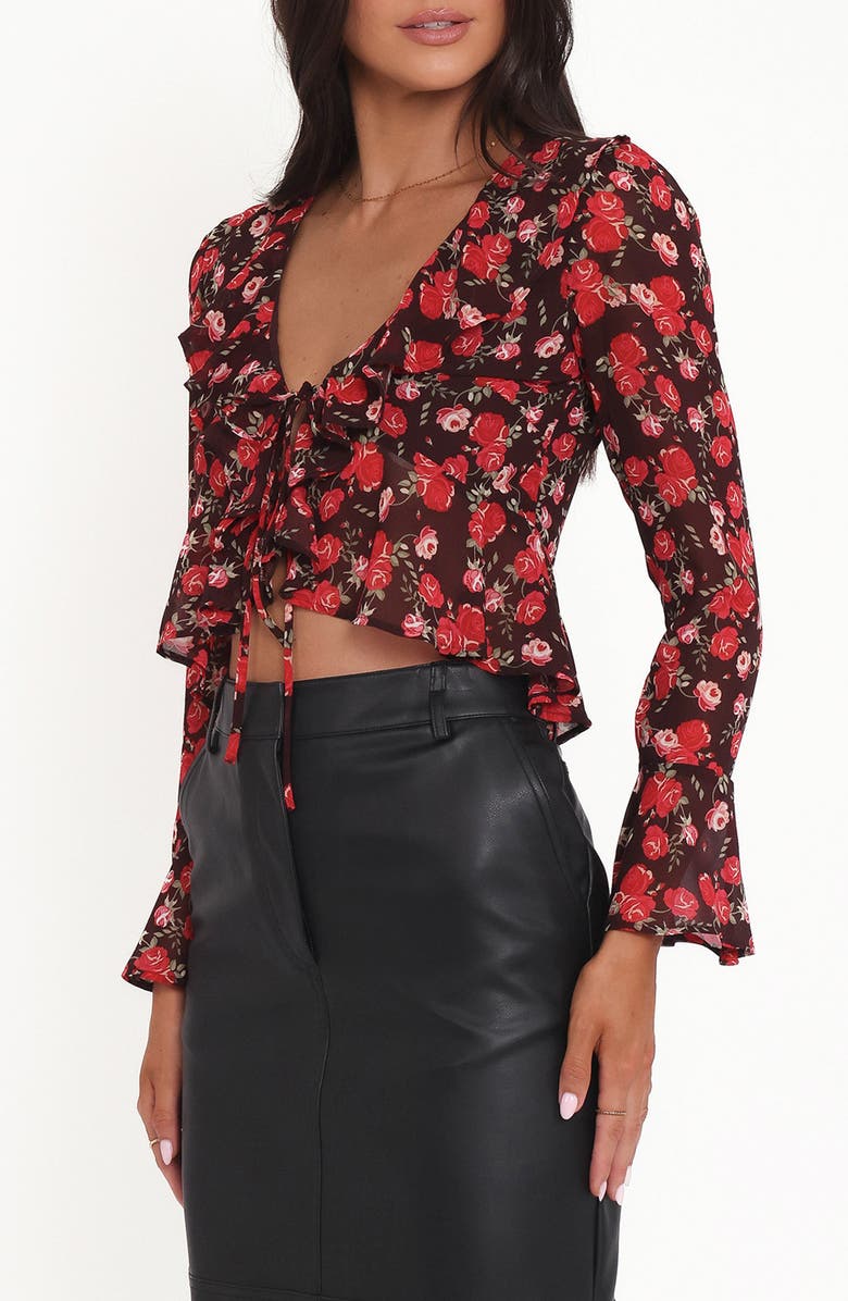 Petal & Pup Aveline Ruffle Tie Front Chiffon Top, Alternate, color, Brown Floral