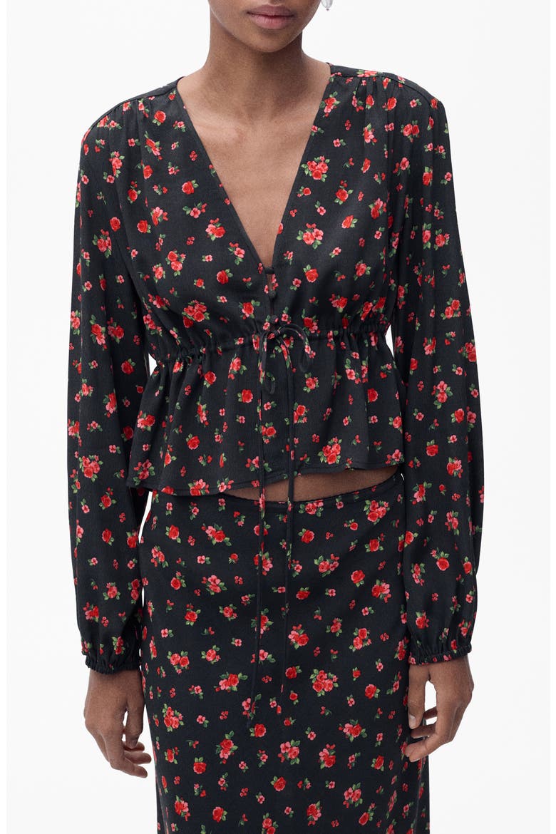 Floral Tie Front Top, Main, color, BLACK