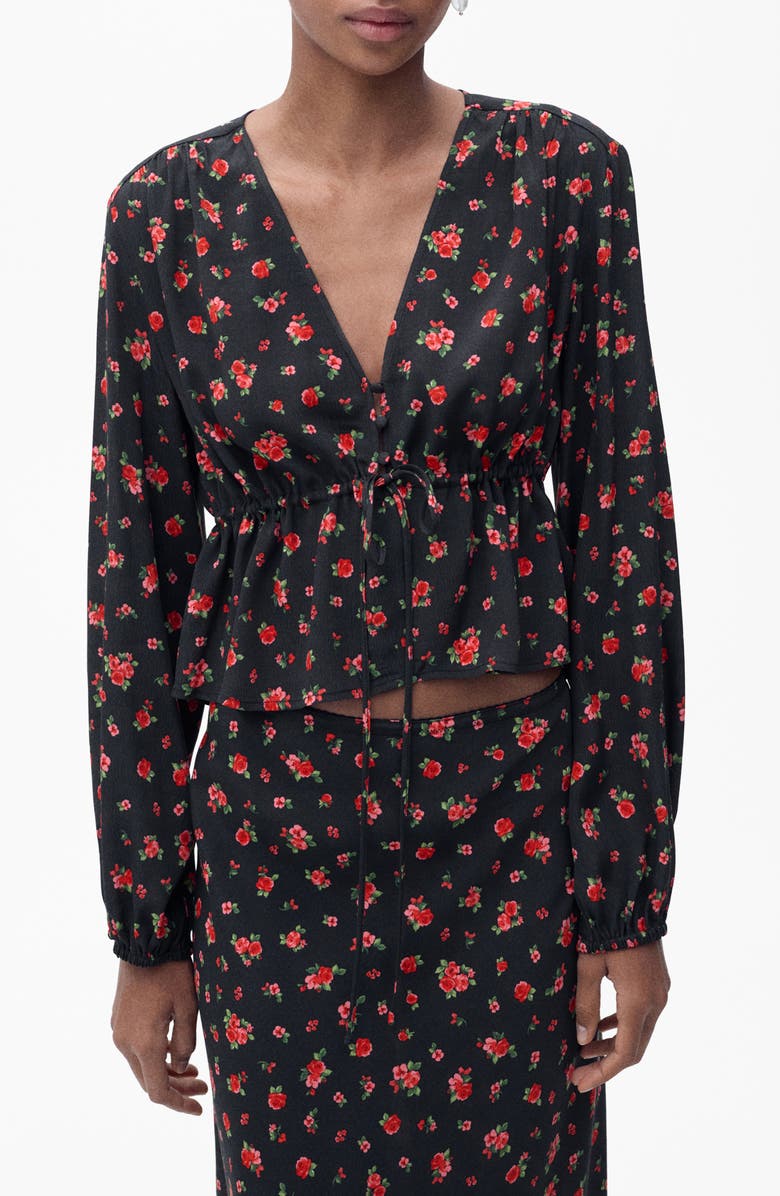MANGO Floral Tie Front Top, Main, color, Black