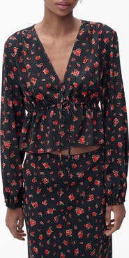 MANGO Floral Tie Front Top
