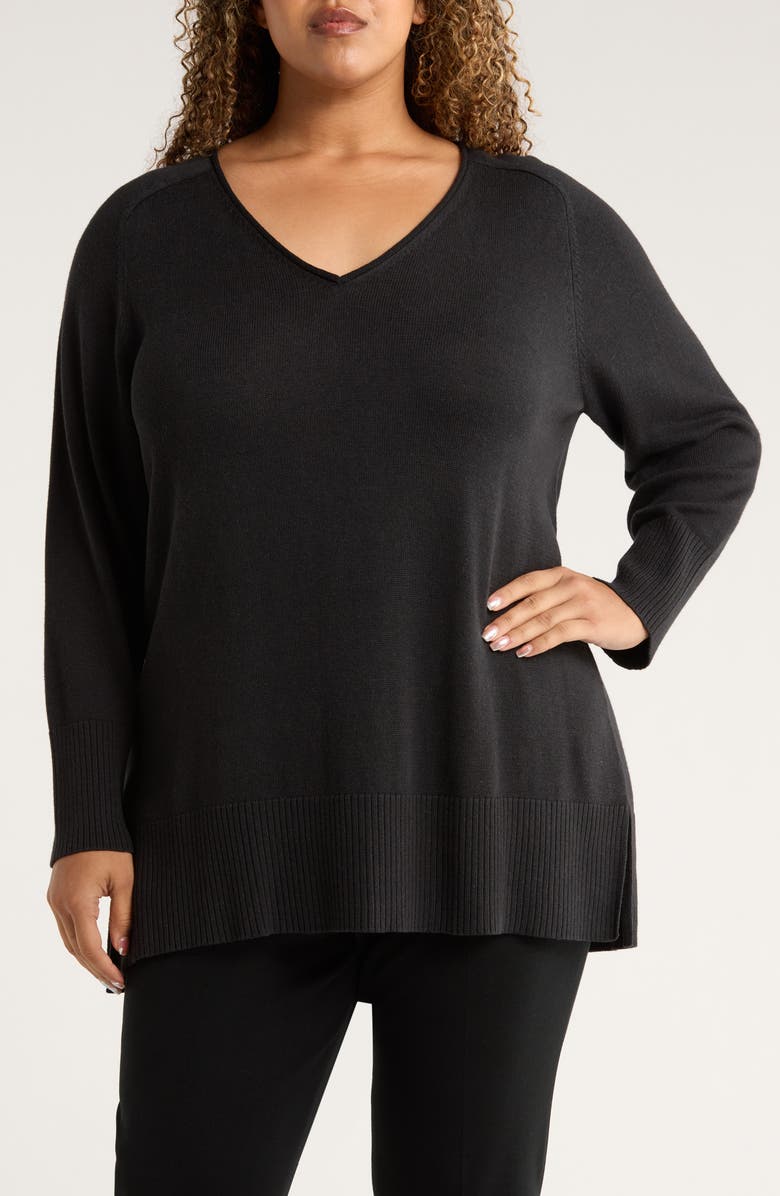 Eileen Fisher V-Neck Cotton Blend Sweater, Main, color, Black