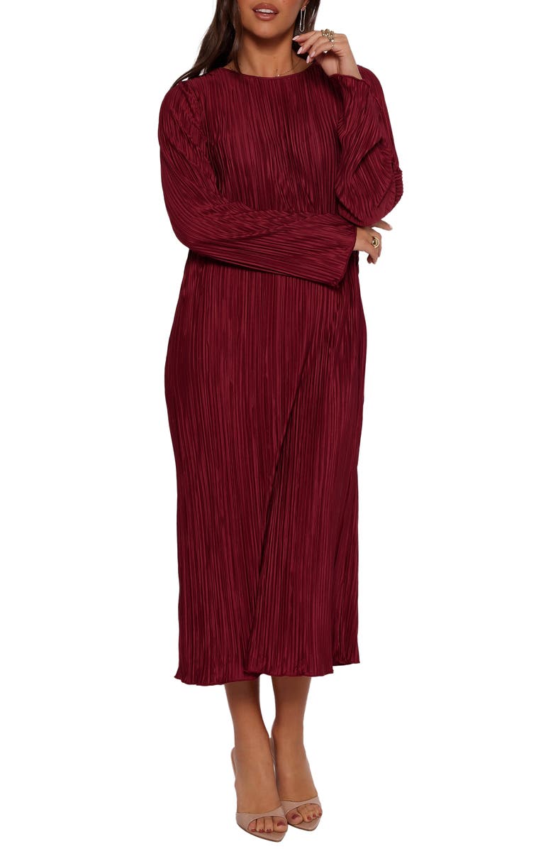 Petal & Pup Tannikah Long Sleeve Plissé Maxi Dress, Main, color, Ruby Wine