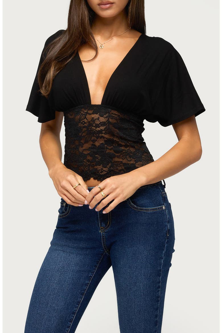 Jaeda Lace Inset Flutter Sleeve Top, Main, color, BLACK