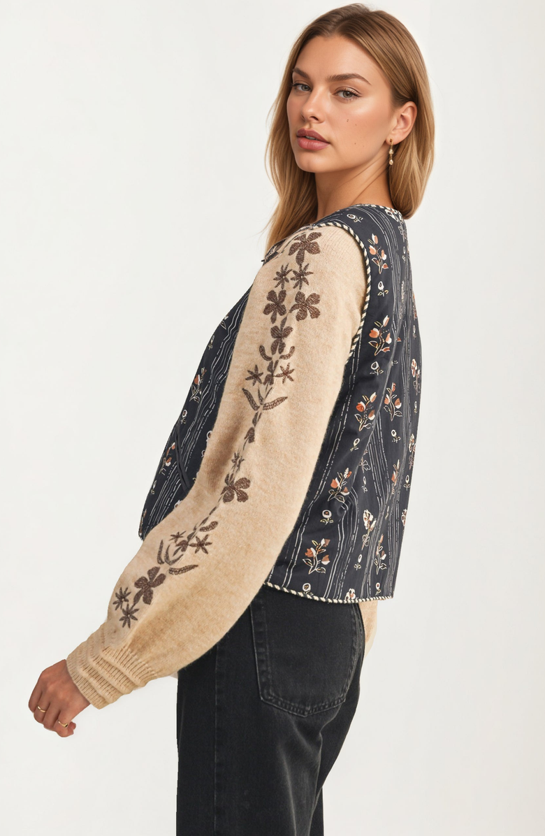 Knit and Lounge Embroidered Tie Front Vest with Floral Detailing, Alternate, color, Dark Blue / Floral