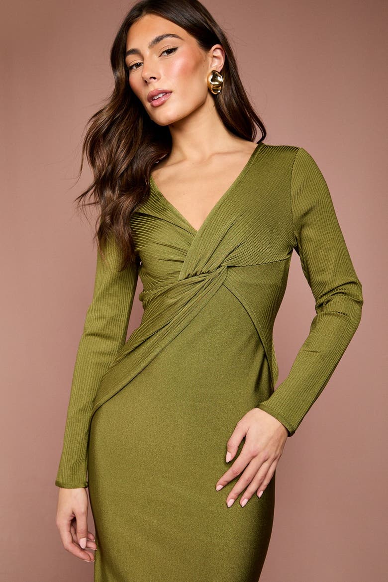 Bandage Twist Front V-Neck Midi Dress, Alternate, color, Olive