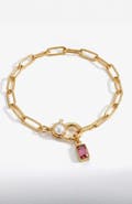 Mint & Lily Paperclip Bracelet with Pearl Accent with Dainty Baguette Birthstone Charm