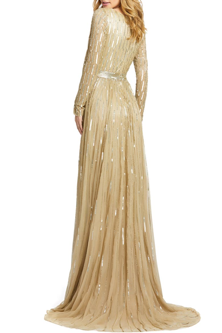 Sequined Long Sleeve Plunging V-Neck Gown, Alternate, color, TAUPE