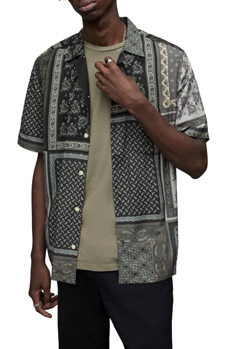 AllSaints Yacutan Print Short Sleeve Button-Up Camp Shirt, Main, color, 