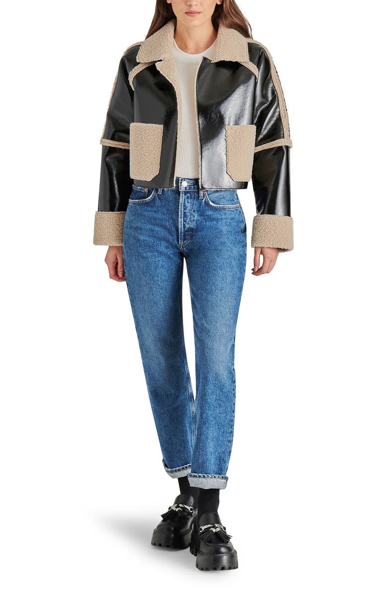 Steve Madden Salma Faux Leather & Faux Shearling Crop Jacket, Alternate, color, 