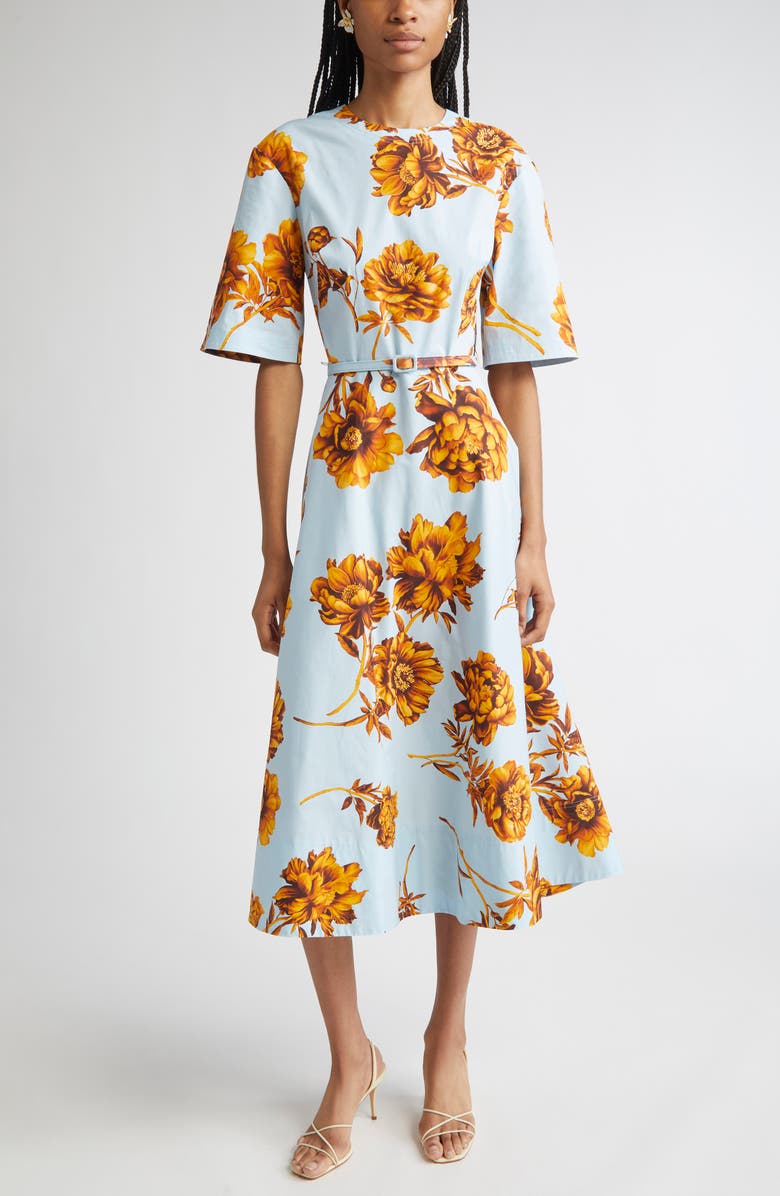 Oscar de la Renta Tonal Peony Print Stretch Poplin Belted Dress, Main, color, Brown/ Ice Blue