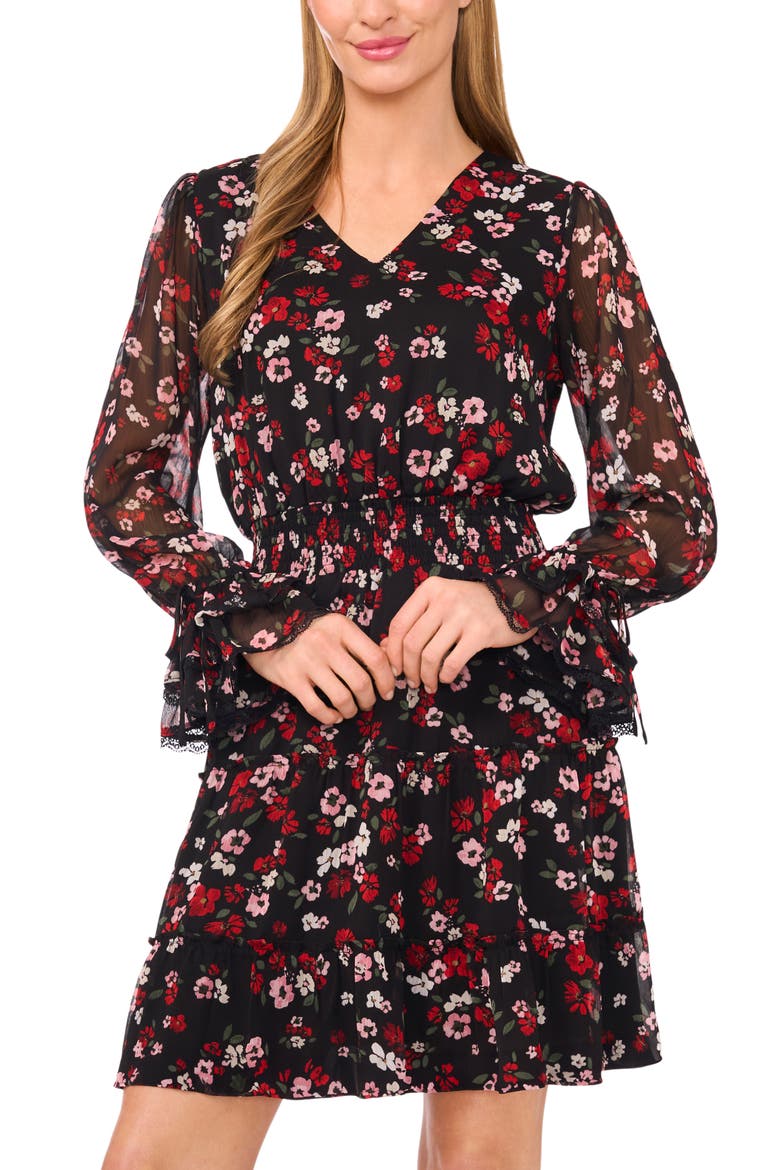 Floral Long Sleeve Fit & Flare Dress, Alternate, color, RICH BLACK