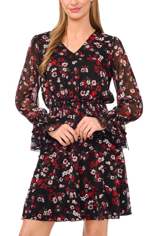 Cece Floral Long Sleeve Fit & Flare Dress In Black