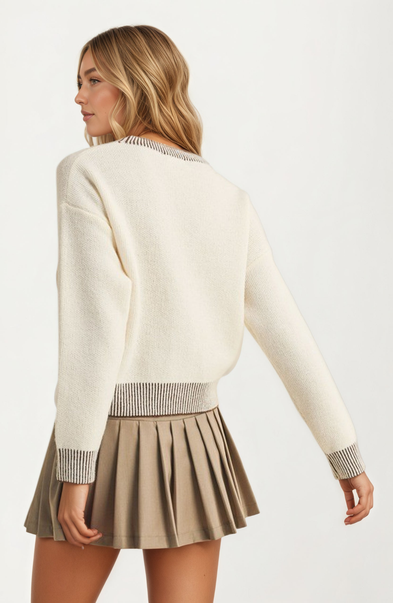 Knit and Lounge Textured Bow Embroidery Striped Trim Knit Sweater, Alternate, color, 