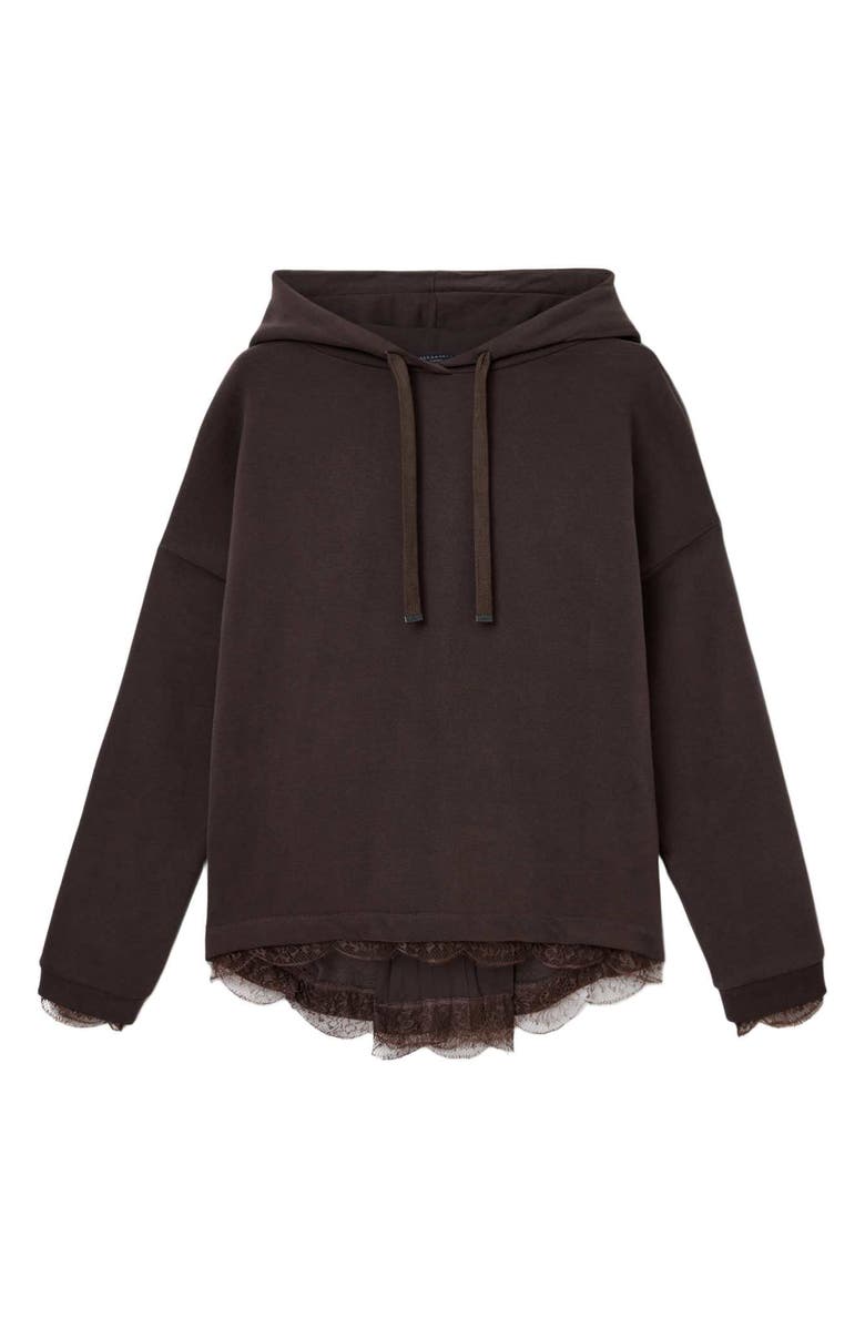 AllSaints Nia Lace High-Low Hoodie, Alternate, color, Bottle Brown