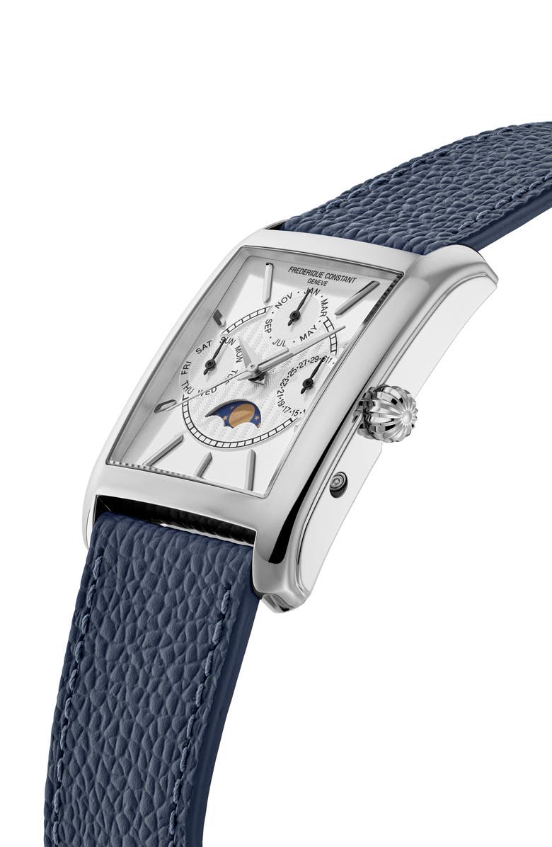 FREDERIQUE CONSTANT Classic Carrée Moonphase Leather Strap Watch, 42.3mm x 30mm, Alternate, color, Blue