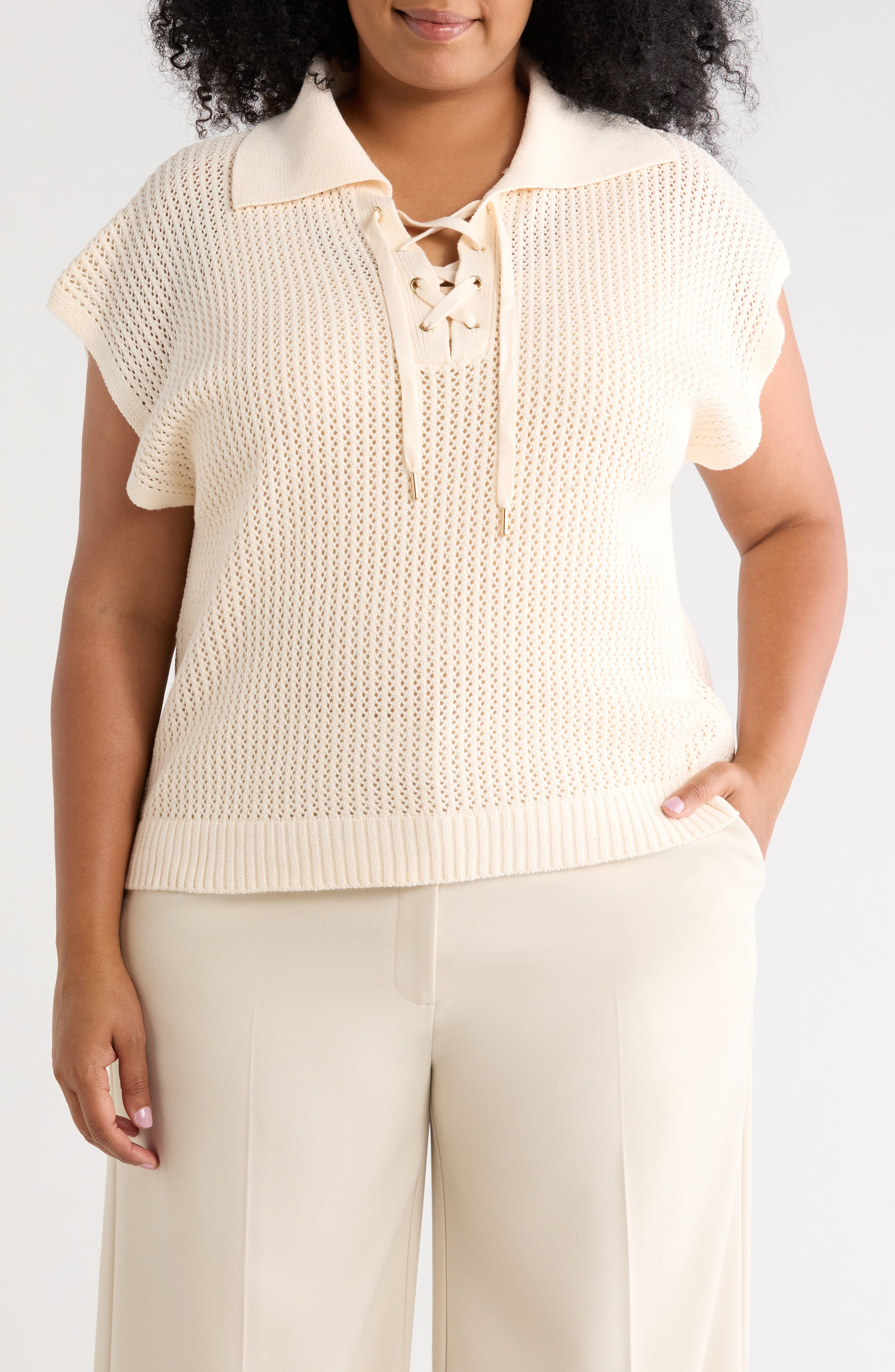 Tie Neck Short Sleeve Open Stitch Sweater