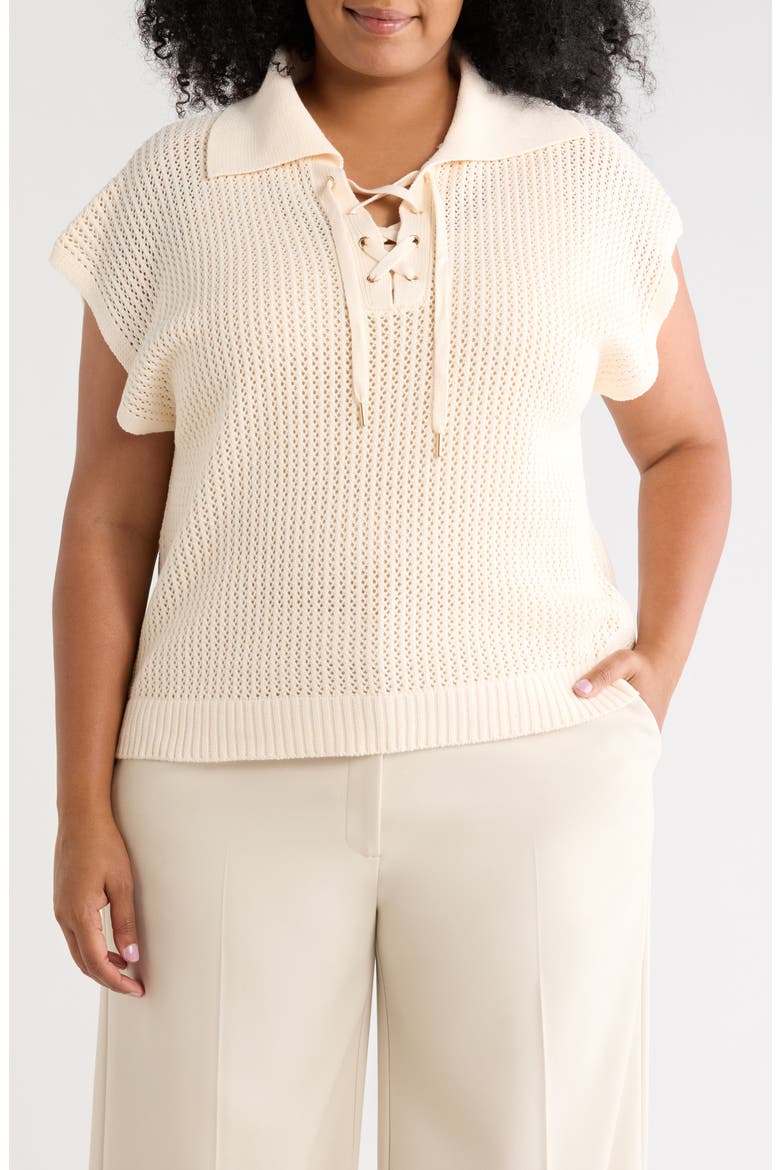 Tie Neck Short Sleeve Open Stitch Sweater, Main, color, CREAM