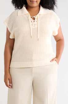 Tie Neck Short Sleeve Open Stitch Sweater