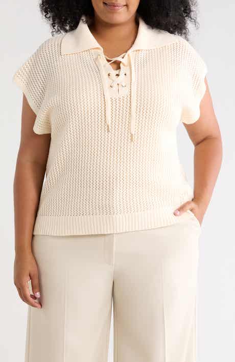 Tie Neck Short Sleeve Open Stitch Sweater