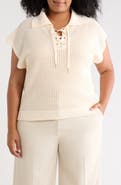 T Tahari Tie Neck Short Sleeve Open Stitch Sweater