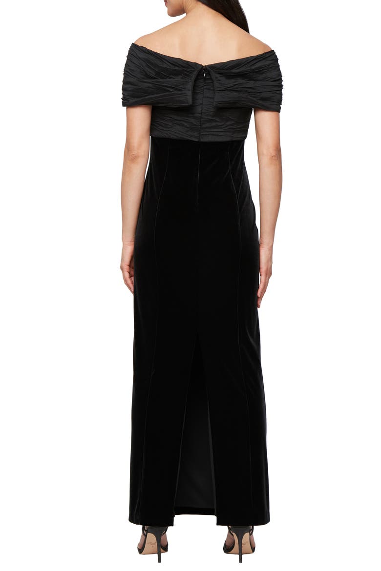 Off the Shoulder Taffeta & Velvet Sheath Gown, Alternate, color, BLACK