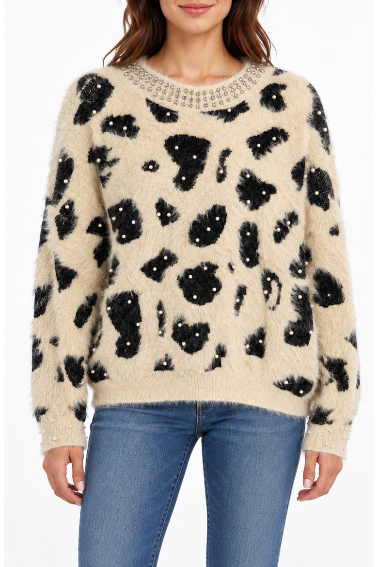Embellished Animal Print Sweater, Main, color, COFFEE CREAM