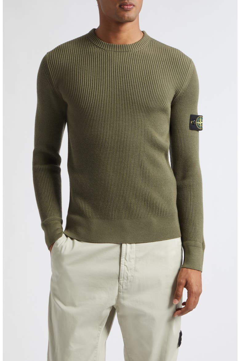 Compass Patch Rib Virgin Wool Crewneck Sweater, Main, color, V005G MILITARY GREEN