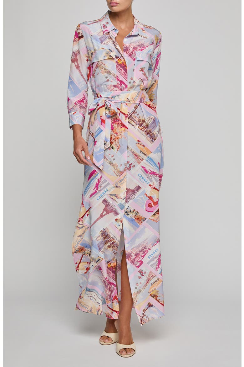 Cameron Print Long Sleeve Silk Maxi Shirtdress, Main, color, PINK POSTCARD PRINT