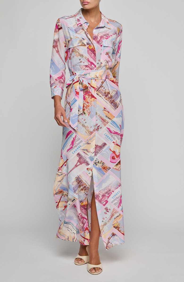 L'AGENCE Cameron Print Long Sleeve Silk Maxi Shirtdress, Main, color, Pink Postcard Print