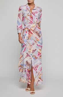 Cameron Print Long Sleeve Silk Maxi Shirtdress