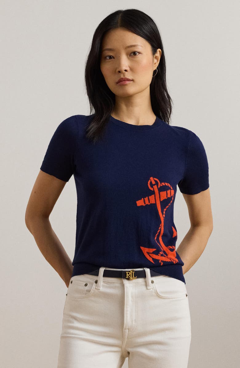 Lauren Ralph Lauren Intarsia Anchor Short Sleeve Cotton & Modal Sweater, Alternate, color, 