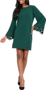 London Times Embroidered Long Sleeve Trapeze Dress