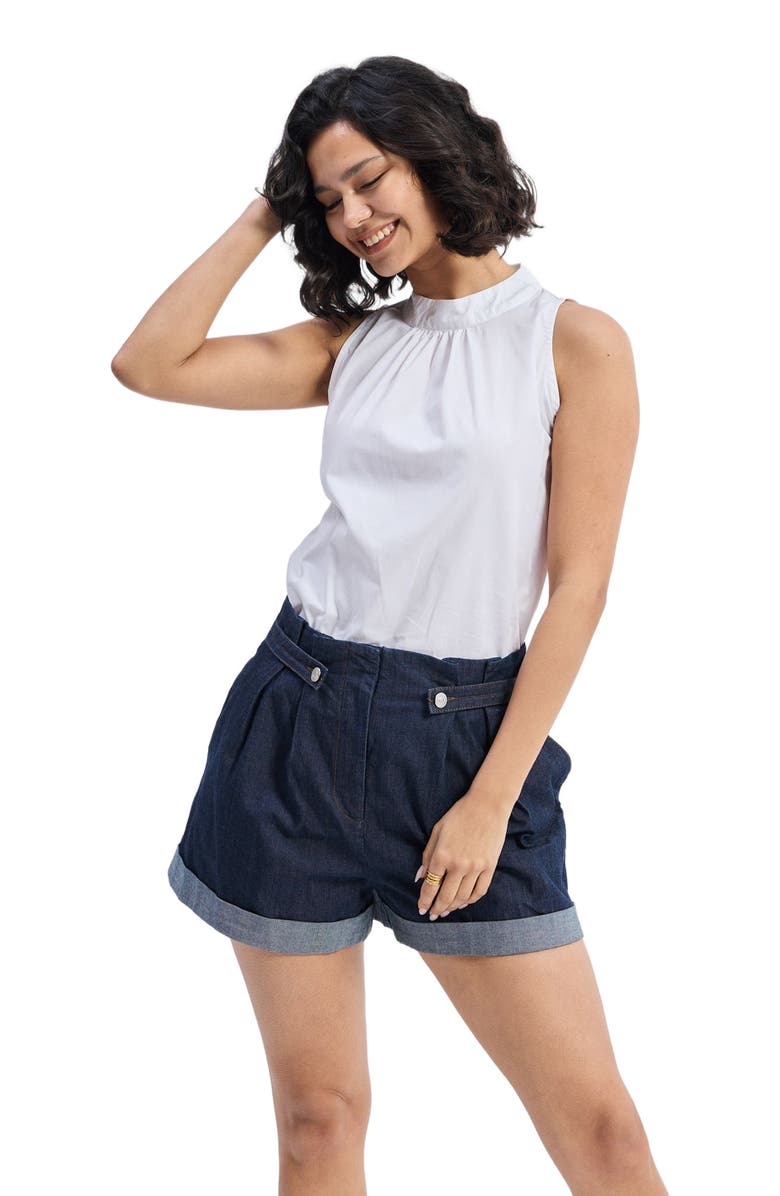 Reistor High-Neck Top with Gathers, Alternate, color, White