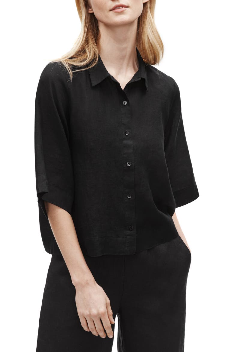 Boxy Organic Linen Button-Up Shirt, Main, color, BLACK