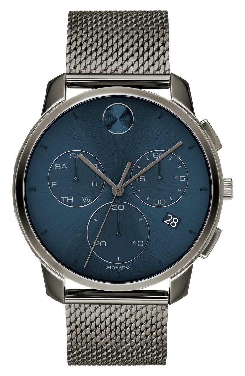 Movado Bold Chronograph Mesh Strap Watch, 42mm, Main, color, Grey/ Blue/ Grey