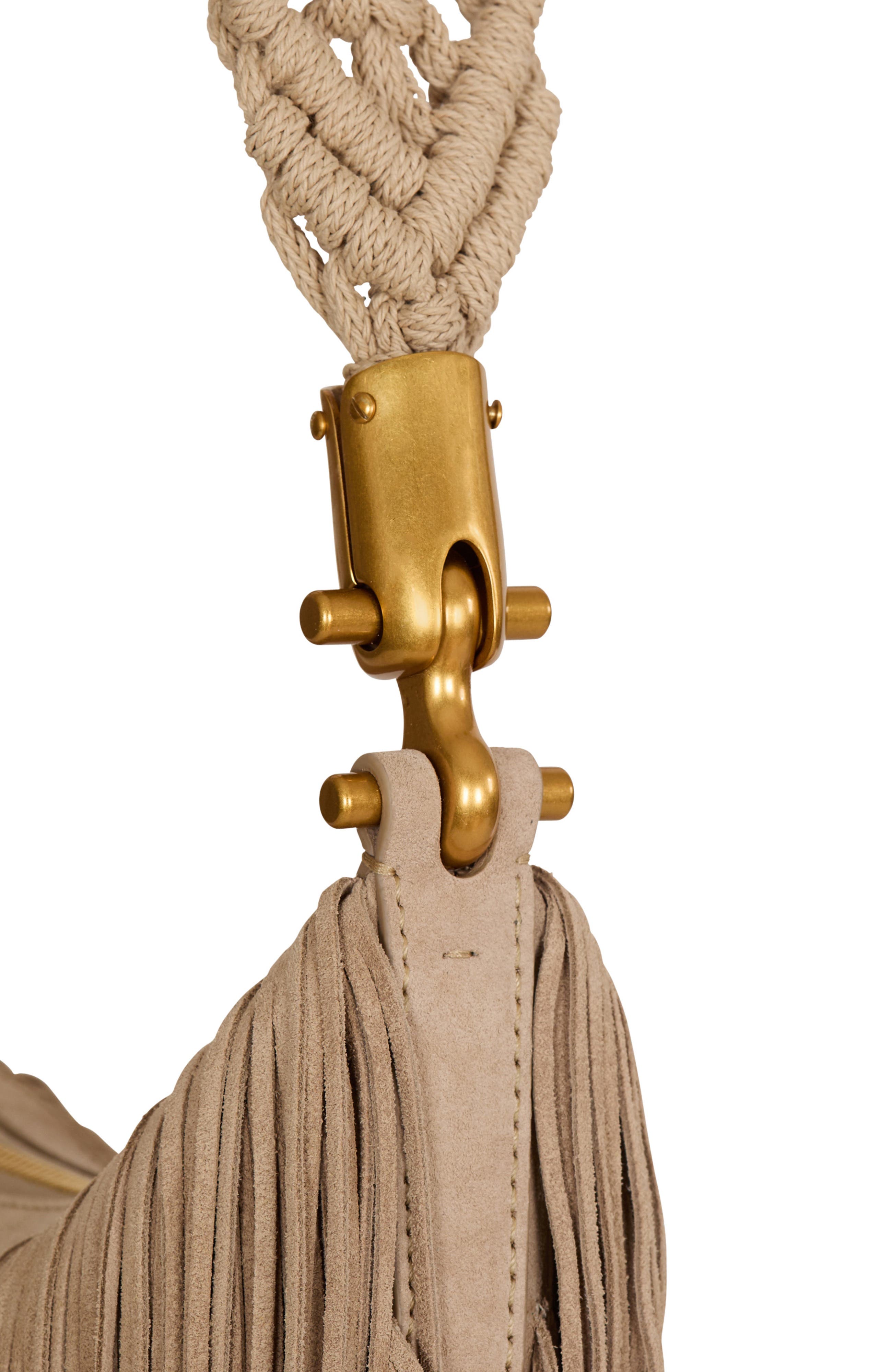 Balmain Ebene Hobo fringed suede bag, Alternate, color, Beige